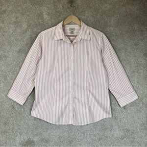 LL Bean Shirt Womens Medium Pink Stripe Cotton Button 3/4 Sleeve- 4416